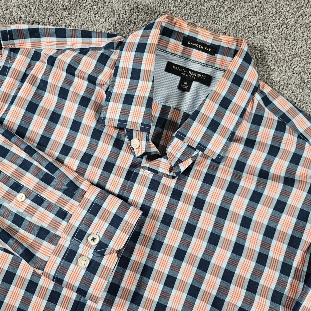 Banana Republic‎ ButtonDown Mens M orange Plaid Shirt Camden Fit Non-Iron Preppy